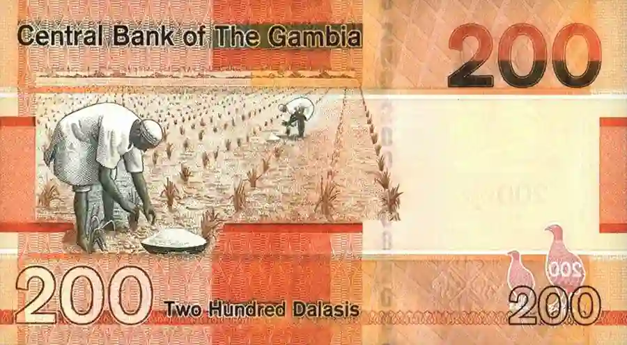 Het 200 dalasi biljet uit 2019 met oogstende boeren afbeelding.